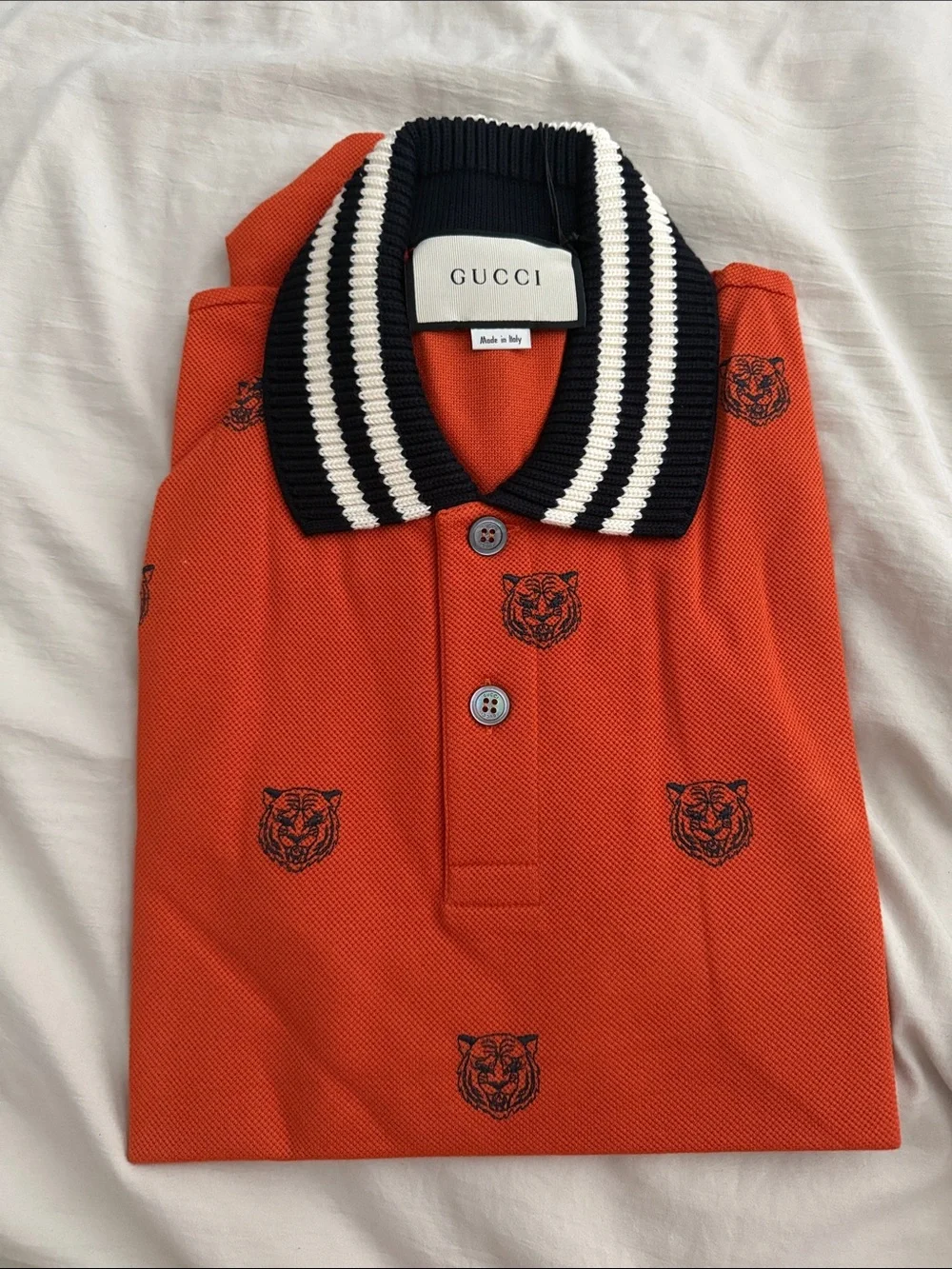 Gucci Men's Orange Polo with Black Tiger Motif & Striped Collar
